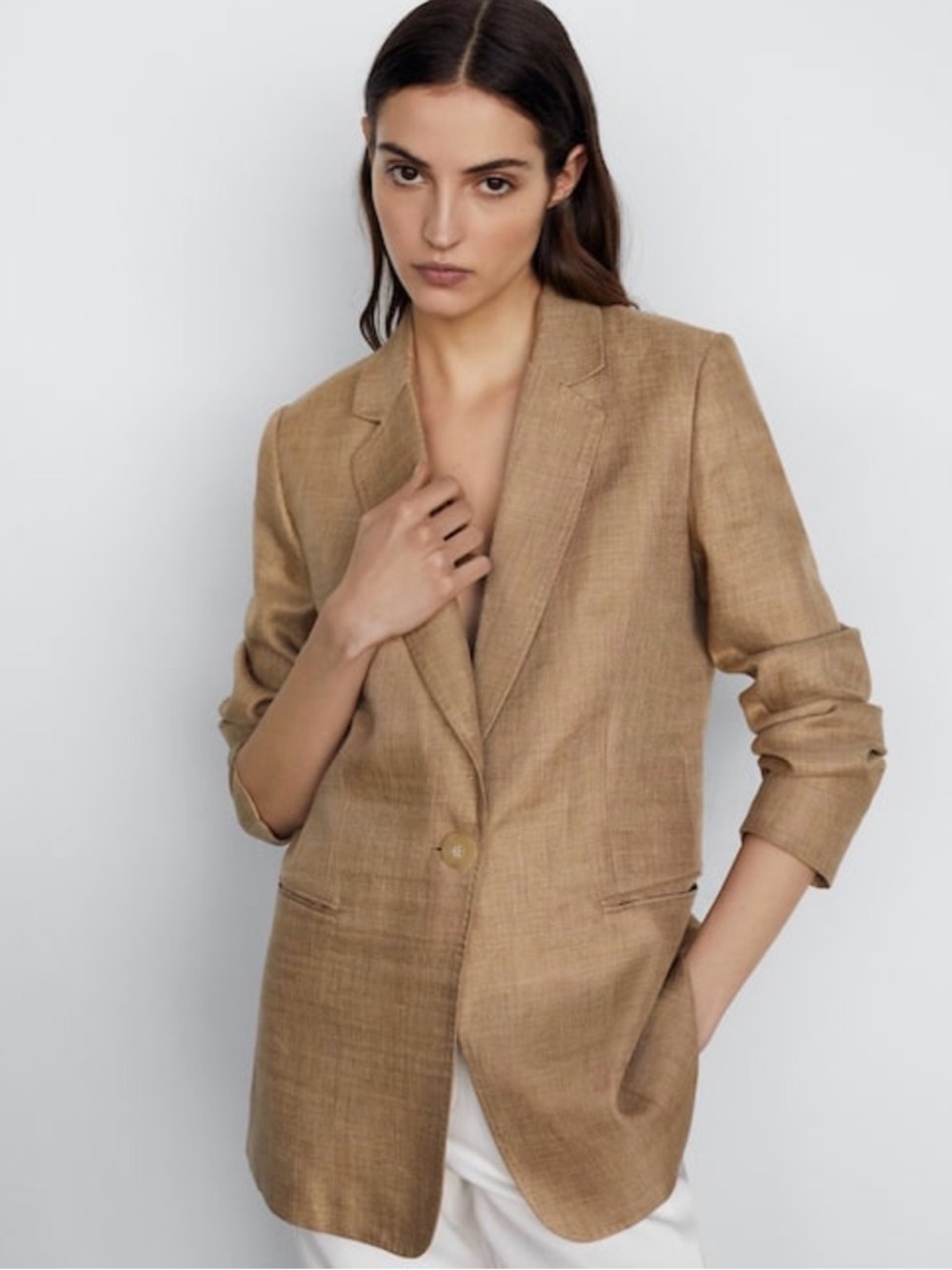 Massimo Dutti Camel Single-Button Linen-Blend Blazer